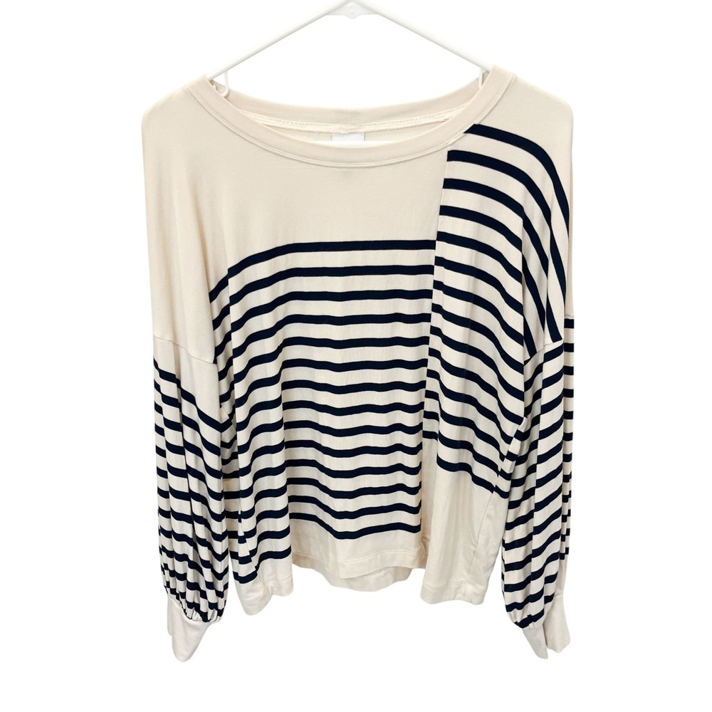 Cabi Boxy Striped Tee 4237 Cream Navy Blue Balloon Sleeve Top -‎ Size XS